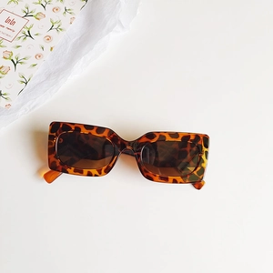 Detailed macro view of trendy leopard print rectangle sunglasses with dark tinted lenses