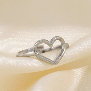 Polished heart shaped open ring in silver stainless steel for women with elegant design