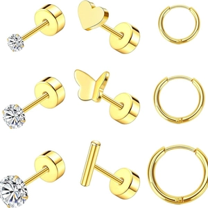 Golden stainless steel earring set featuring heart, butterfly designs and crystal studs