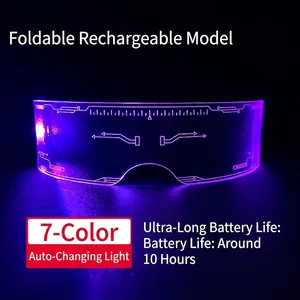 Detail of foldable cyberpunk LED glasses with purple light and side charging port