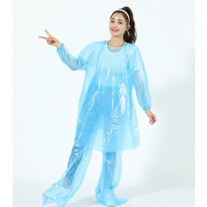 Detail view of thickened blue waterproof split raincoat set with hood and elastic cuffs
