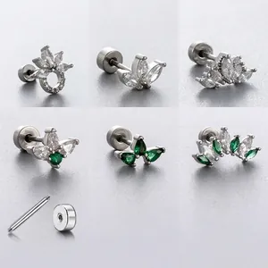 Cartilage Stud Earrings Titanium Steel Cubic Zirconia Green White Stone Crown Leaf Butterfly Shapes Screw Flat Back Women