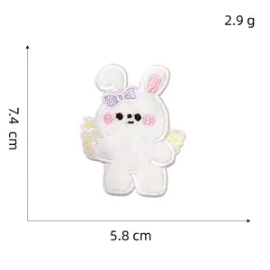 Detailed size chart showing a 7.4x5.8 cm rabbit embroidery patch with 2.9g weight