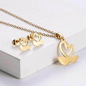 Swan Heart Necklace And Earrings 316 Stainless Steel 18K Gold Plated Sweet Elegant Trendy Jewelry For Women