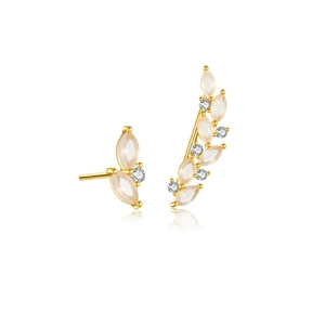 Asymmetric gold leaf stud earrings with marquise stones and zircon accents on white base