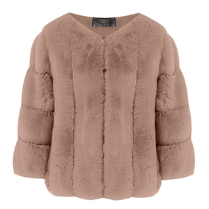 Detail shot of mauve faux fur jacket showing the collar label and soft plush texture