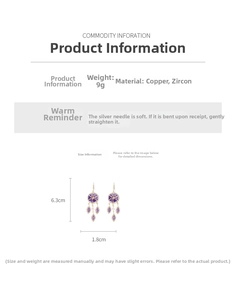Detail view of purple star-shaped drop earrings with leaf pendants and zircon accents