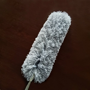 Gray microfiber feather duster with extendable stainless steel handle for home cleaning