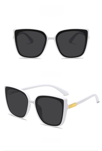 Front and side view of white square sunglasses with grey lenses and gold accents