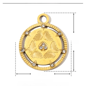 Detail showing dimensions and macro view of the gold butterfly pendant with rhinestones