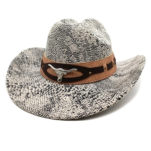 Detail of western cowboy hat featuring snake pattern and silver bull head metal emblem
