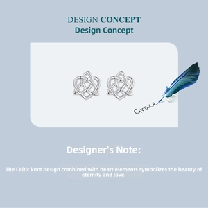 Detailed view of silver Celtic knot and heart stud earrings on a decorative blue card