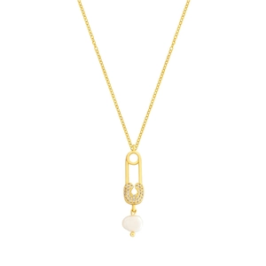 S925 silver paperclip safety pin necklace with pavé zircon and baroque pearl pendant
