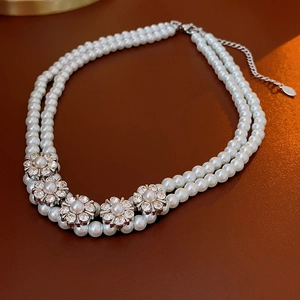 Double Layer Faux Artificial Pearl Necklace Choker For Women With Alloy Rhinestone Flower Pendants French Luxury Elegant Jewelry