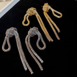 Retro Knot Metal Mesh Tassel Stud Earrings With Silver Earring Post Long Drop Fashion Jewelry For Women