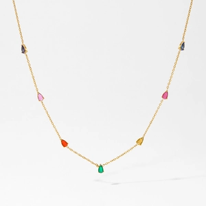 Elegant gold necklace with multi-colored teardrop zircon pendants in a rainbow palette