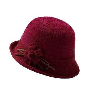 Elegant wine red faux mink fur cloche hat for women with floral and bow decoration