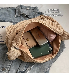 Interior view of corduroy tote bag showing large capacity for tablet and daily items
