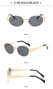 Three-angle views of retro oval sunglasses with gold metal frames and black lenses