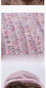 Detail of warm plush fleece lining and thick knitted texture of the winter hat set