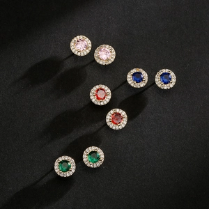 Classic 18K gold plated halo stud earrings with multi-colored gemstones on black background
