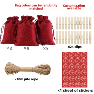 Detailed set of 24 red jute bags with wooden clips, hemp rope and numbered stickers