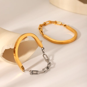 Bracelet moderne à maillons fer à cheval en acier inoxydable doré et argenté avec chaîne