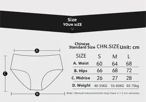Detailed size chart for high waist cotton panties with CM measurements and weight guide