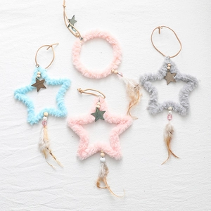 Nordic Plush Christmas Tree And Star Hanging Ornaments With Wood Beads And Feathers Holiday Home Window Decor