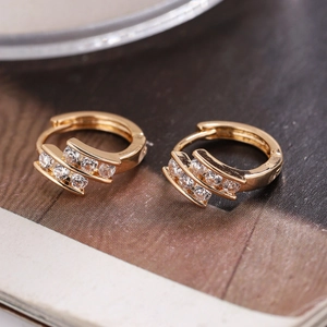 Minimalist gold plated copper hoop earrings with double-row cubic zirconia inlay for women