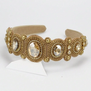 Luxury Baroque headband with khaki velvet, golden beads and large amber crystals on white stand