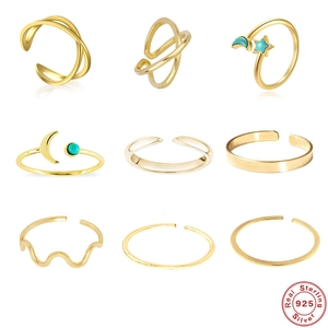 925 Sterling Silver Turquoise Moon Star Open Ring Adjustable Minimalist Geometric Intertwined Wave Finger Ring For Women