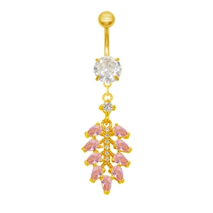 Detailed view of leaf-shaped navel piercing with pink marquise zircons and gold plating