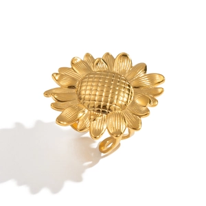 Detailed macro view of the sunflower ring with golden petals and adjustable open band