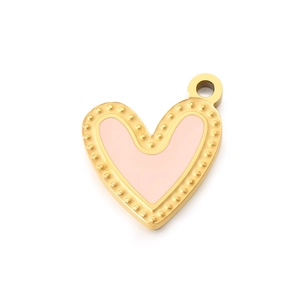 Pink enamel heart pendant in gold stainless steel with beaded texture on white background