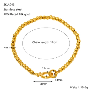 Détails d'un bracelet à billes en acier inoxydable plaqué or 18 carats avec dimensions