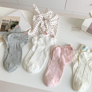 Japanese style bow cotton boat socks set in grey white pink and beige ribbed knit design