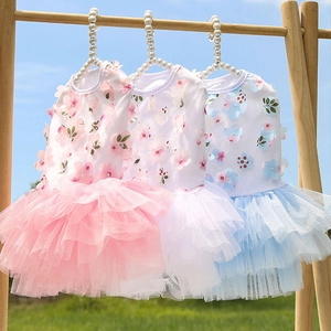 Charming floral pet lace dresses in pink white and blue for small dogs and cats