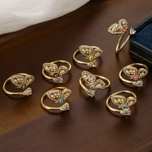 Elegant gold butterfly open ring with evil eye pearl and pavé cubic zirconia