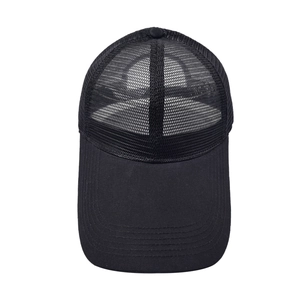 Black trucker hat with long brim and breathable mesh back for outdoor sports and golf
