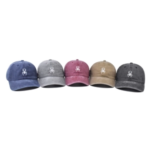 Distressed washed cotton baseball caps with spider embroidery in five vintage colors