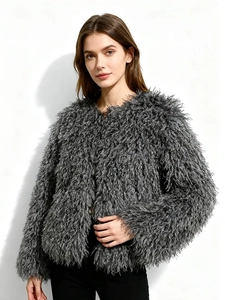 Detailed texture of grey faux fur coat with long plush fabric and soft round neckline