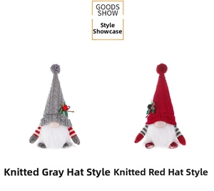 Detail of Christmas gnomes with knitted hats, berries, and LED lights for festive decor