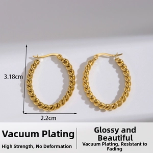 Detail view of gold-tone twisted rope oval earrings with 3.18cm height dimensions