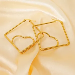 Exaggerated gold titanium steel heart geometric square hoop earrings for women