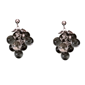 Silver needle crystal grape tassel earrings with black beaded cluster design for women
