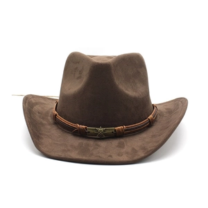 Dark brown suede western cowboy hat with curved brim and decorative skull metal emblem