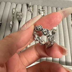 Handcrafted S925 sterling silver open ring featuring a vintage black rose flower design