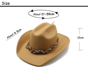 Size chart of camel cowboy hat showing 57-59cm circumference and 9.5cm brim width