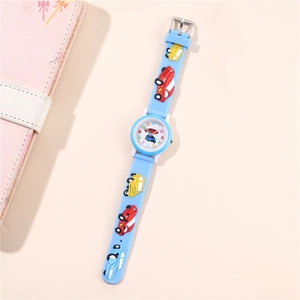 Close-up of light blue kids watch with 3D cartoon car patterns and soft rubber strap